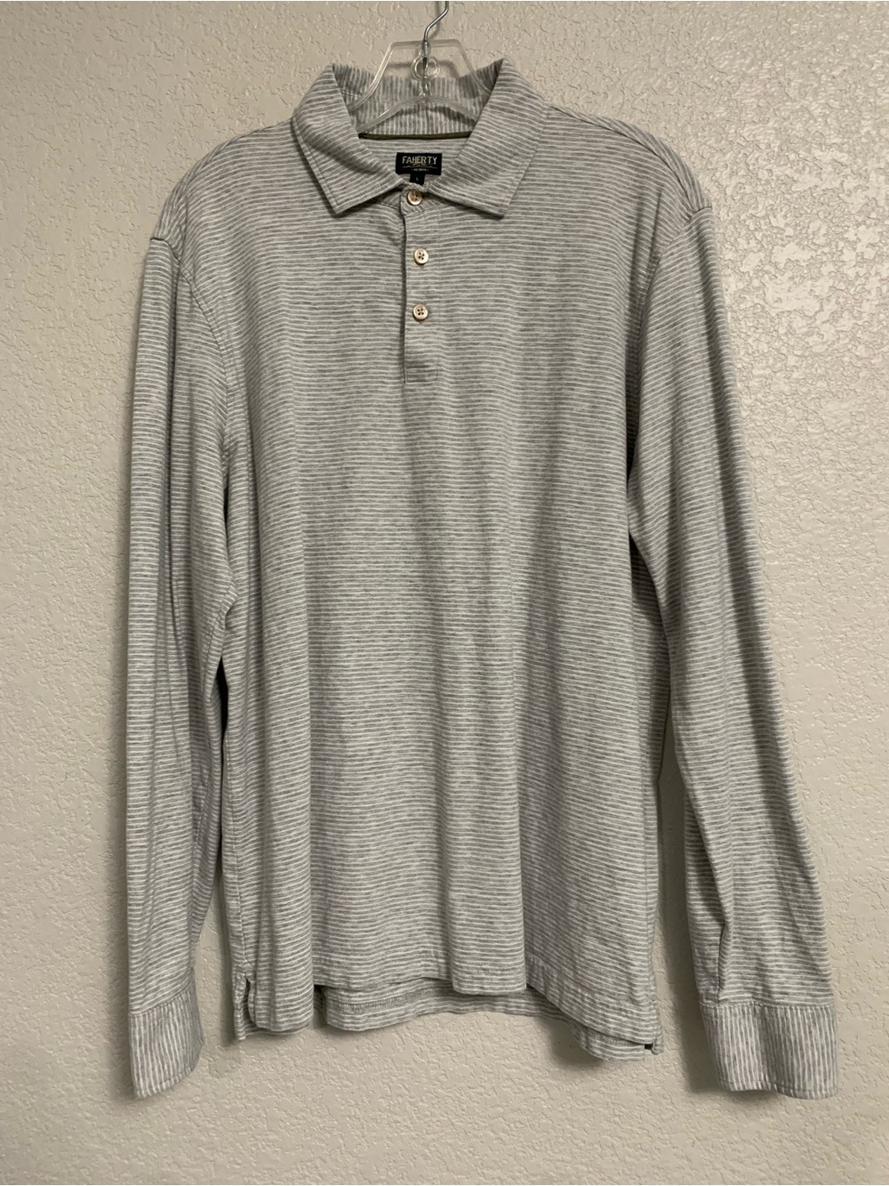 Faherty Reserve Polo Shirt Mens L Striped Long Sleeve Cotton Preppy Classic Grey